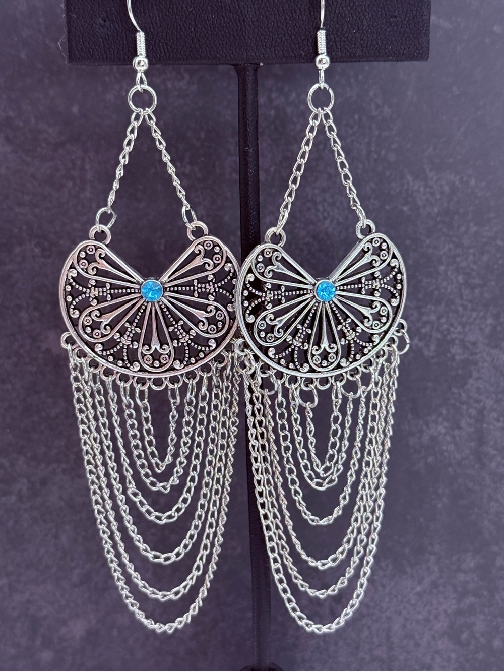 🚨3 for $15🚨 Silver Tone Filigree Chandelier Earrings with Blue Accents